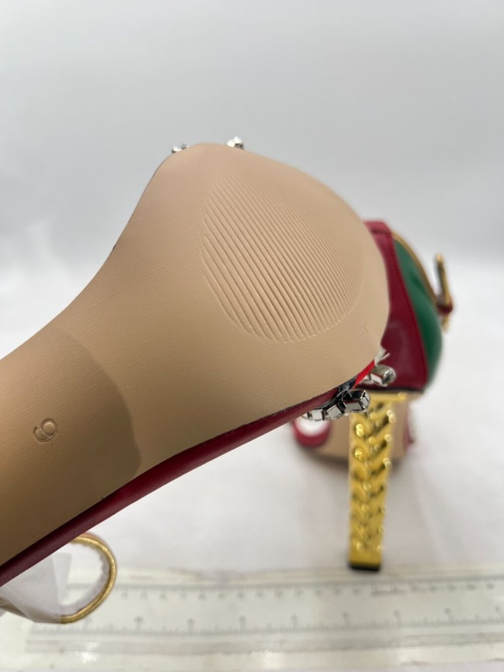FSJ Red Green Gold Metal Chain Chunky High Heels Ankle Strap Open Toe Sandals - Picture 6 of 8